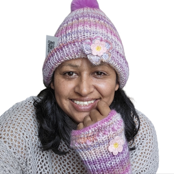 Hand Crafted Accessories - Hand Crafted 2pc Set Crochet Pom pom Beanie & Fingerless gloves Pink Wool blend